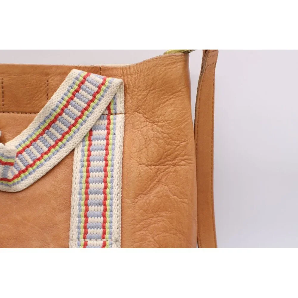 Madewell Tan Leather Crossbody Bag Handbag Colorful Striped Fringe Handles 10x10 - Picture 9 of 12